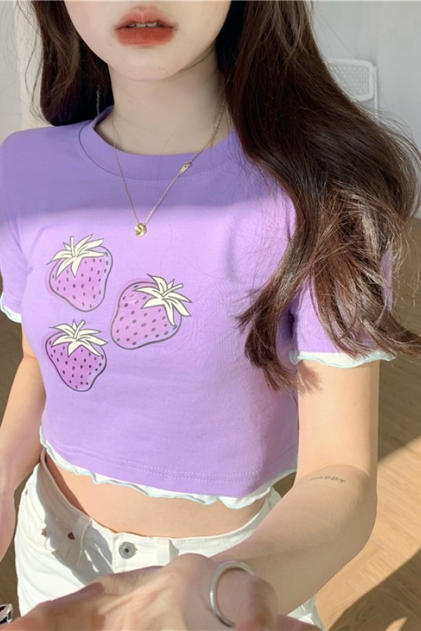 딸기 좋아 페이크 투피스 반팔티 셔츠
