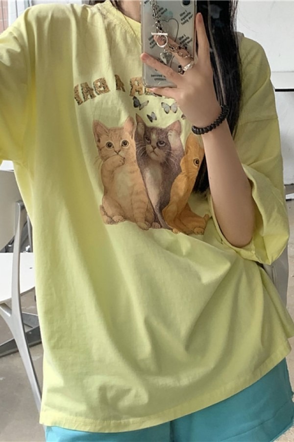 고양이 멀티 컬러 반팔티 셔츠
