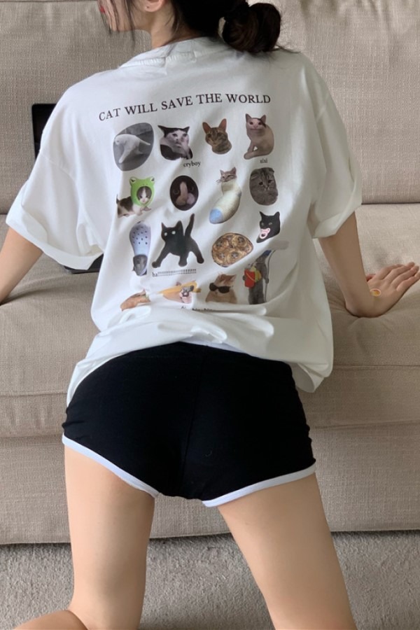 고양이 집사 라운드넥 반팔 루즈핏 티셔츠