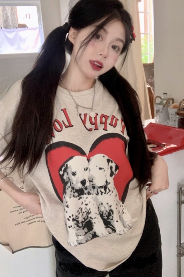강아지 사랑 라운드넥 반팔 루즈핏 티셔츠