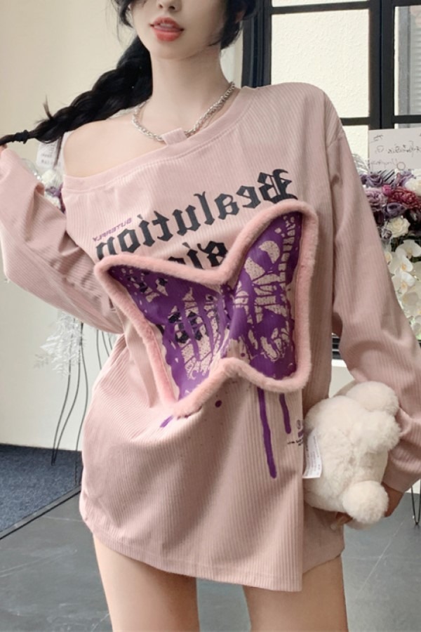 ♥당일출고♥ 에버 페이크퍼 나비 오프숄더 긴팔  롱슬리브 루즈핏 티셔츠