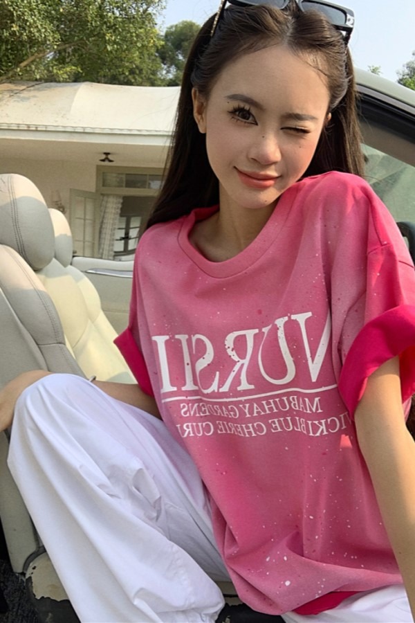 미파 핑크 그라데이션 라운드넥 반팔 루즈핏 티셔츠