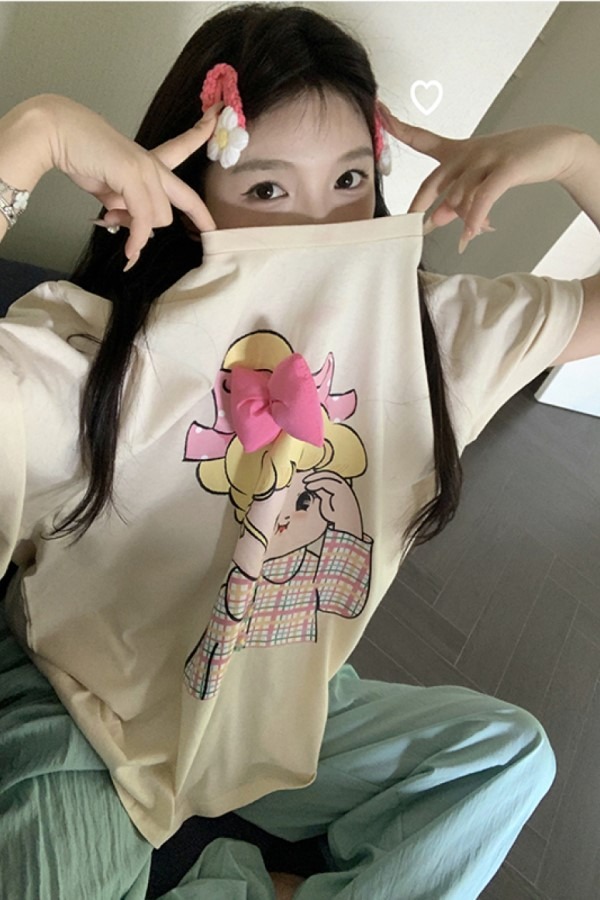 라이 입체 리본 소녀 라운드넥 반팔 루즈핏 티셔츠