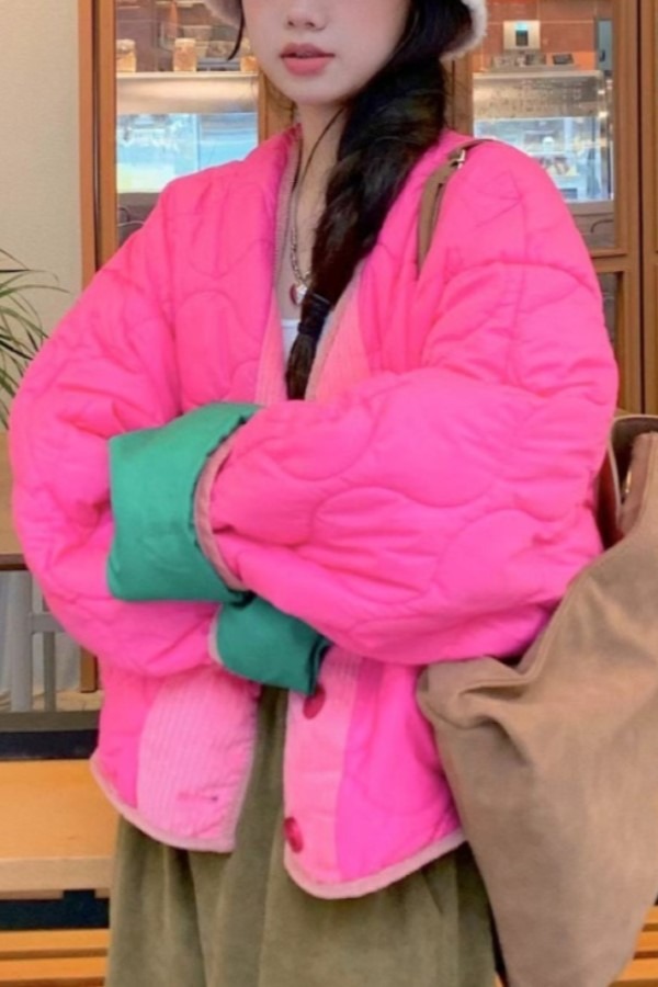 에디 핑크 컬러 매칭 퀼팅 브이넥 긴팔 캐주얼 코트 자켓