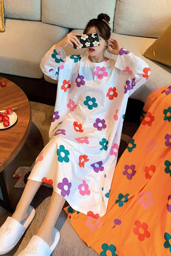 쏘플라워빅프린티링 루즈핏 긴팔 원피스 여성잠옷 (그린,화이트,오렌지) #러블리#큐티#심플#수면