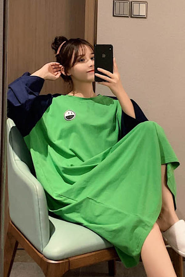 배색스마일 해브펀 루즈핏 원피스 여성잠옷 (그린,화이트,옐로우) #러블리#큐티#심플#수면