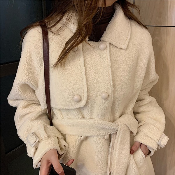 어퍼 숄더 포인트 허리 벨트 양털 코트 자켓