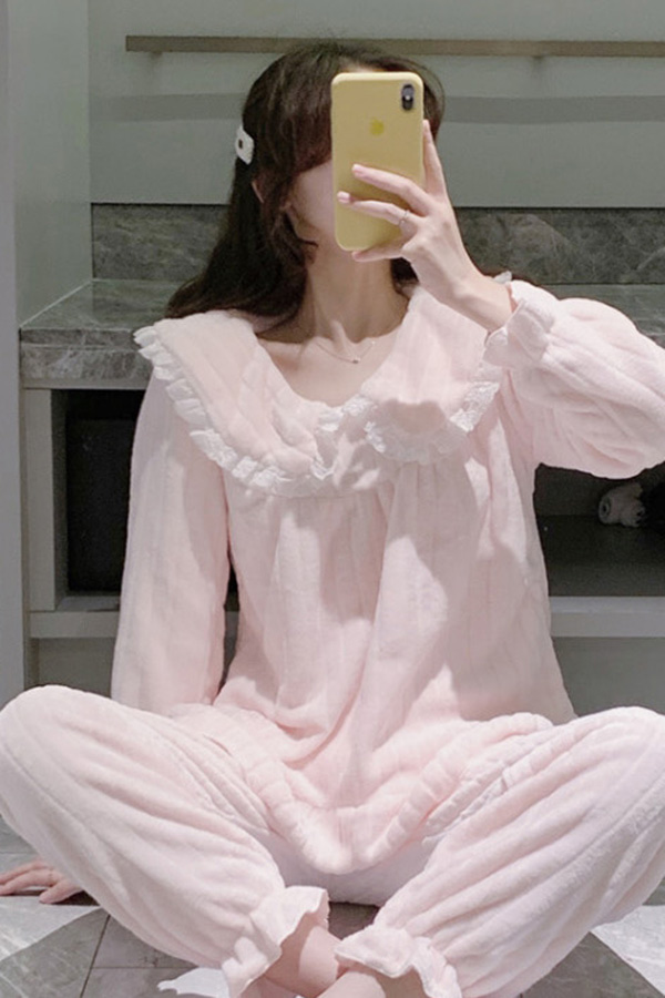 프린 프릴 극세사 파자마 잠옷 홈웨어 세트 (화이트,핑크)