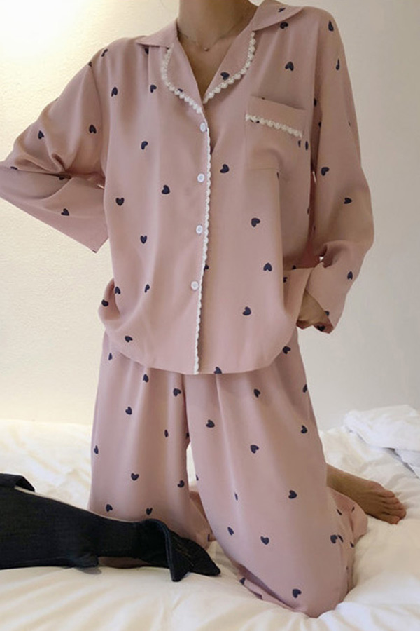 럽 미니하트 탑 팬츠 파자마 잠옷 홈웨어 세트 (화이트,핑크)
