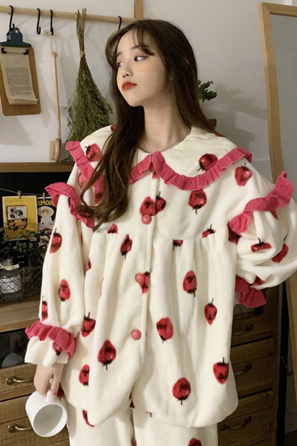 탱글 스트로베리 극세사 프릴 파자마 잠옷 홈웨어 세트 (아이보리화이트,핑크)
