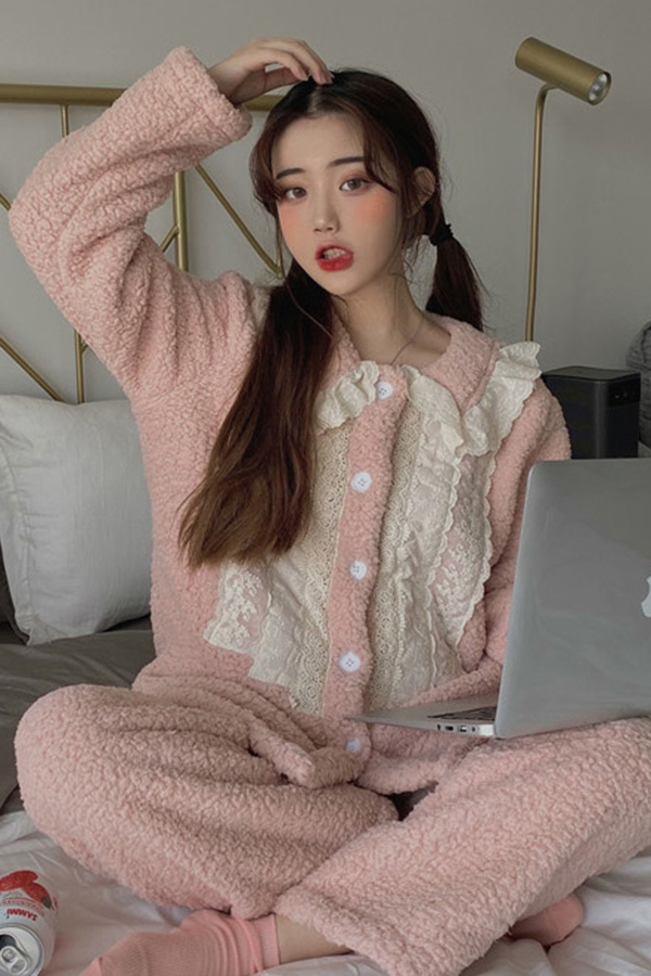 하쿠 레이스 프릴 양털 파자마 잠옷 홈웨어 세트 (살구,핑크)