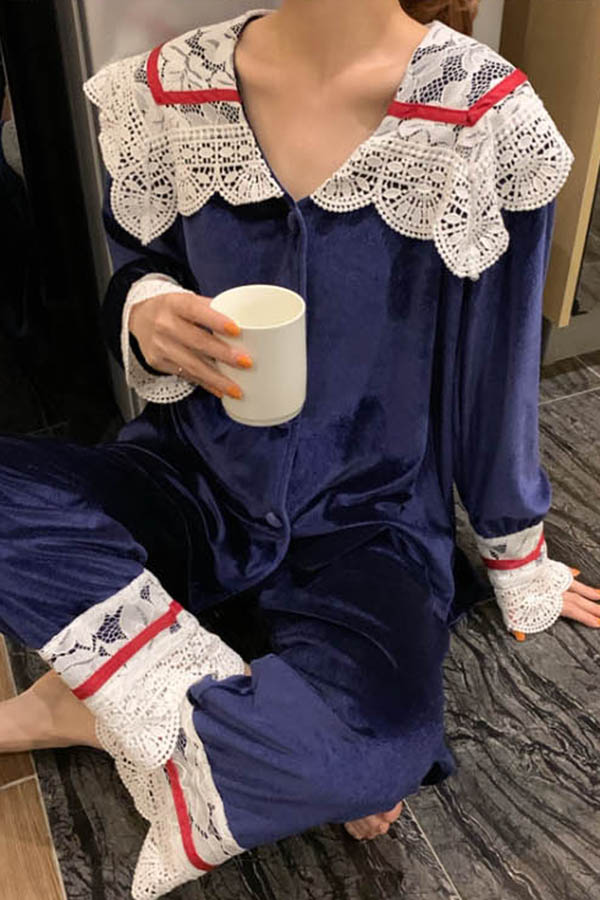 투나잇브이넥 배색레이스 벨로아 여성 잠옷세트 (다크블루,그레이,핑크)