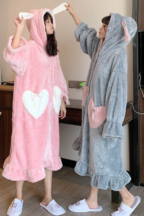 보이프렌귀달이 하트포켓 프릴 원피스 수면잠옷 (핑크레드,그레이블루)