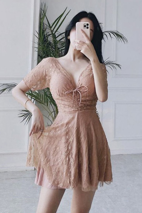 엘로나 시스루 레이스 단아한 핑크 커버업 섹시 원피스수영복