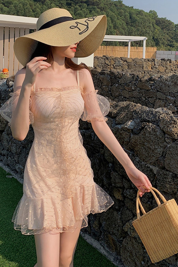 브라이트닝 날개소매 프릴스커트 여성 원피스수영복 (핑크)