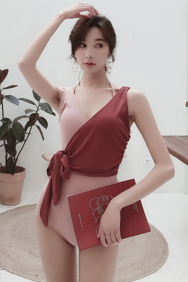 클라우드웨이 사이드배색 여성 원피스수영복 (핑크레드)