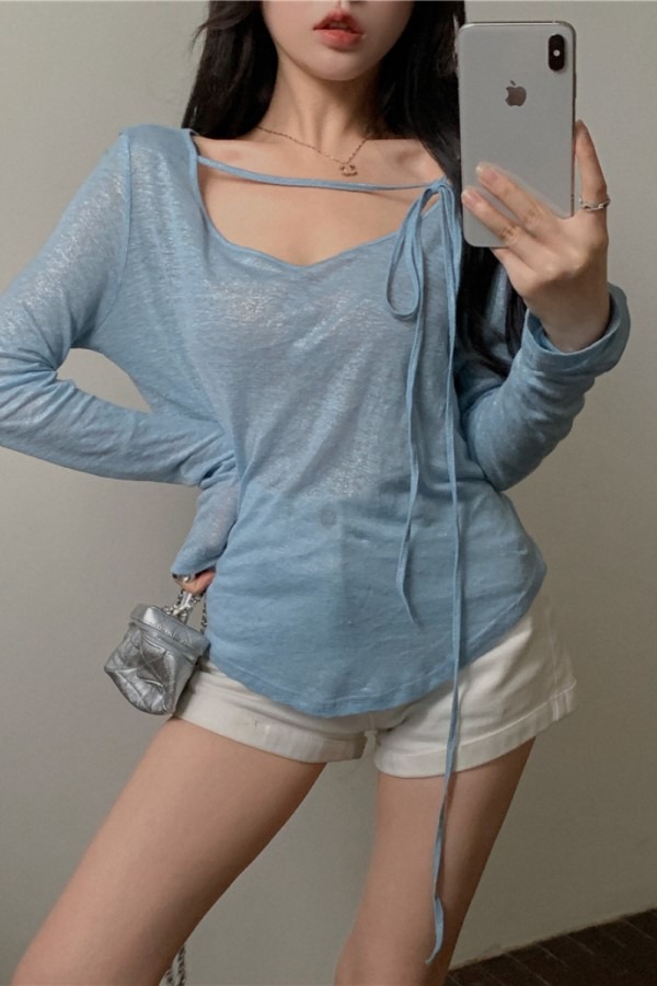 리키 스트랩 섹시 와이드 루즈핏 긴팔티 셔츠