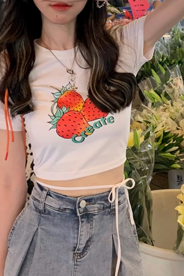 에딘 딸기 프린팅 스트랩 반팔티 셔츠