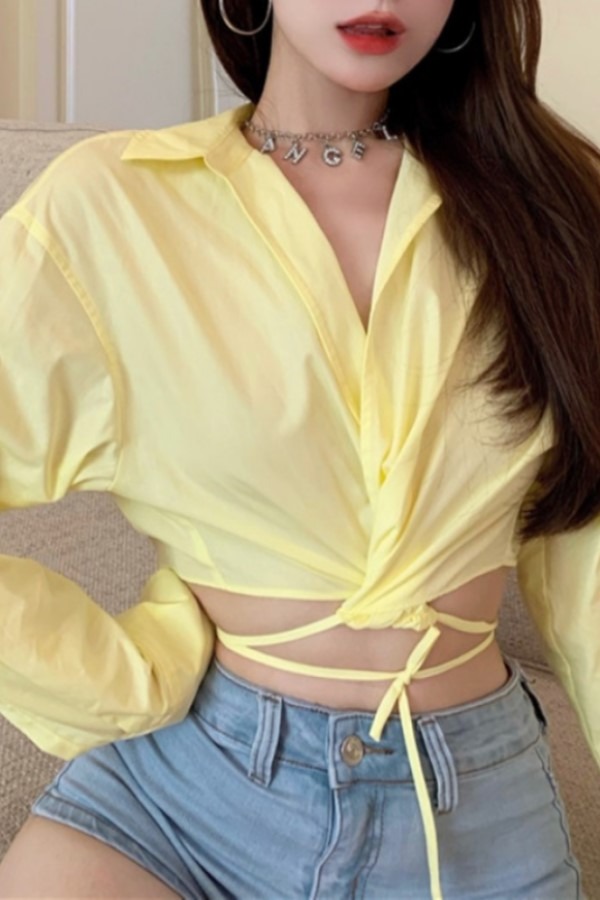 케시 옐로우 스트랩 불규칙 긴팔 셔츠