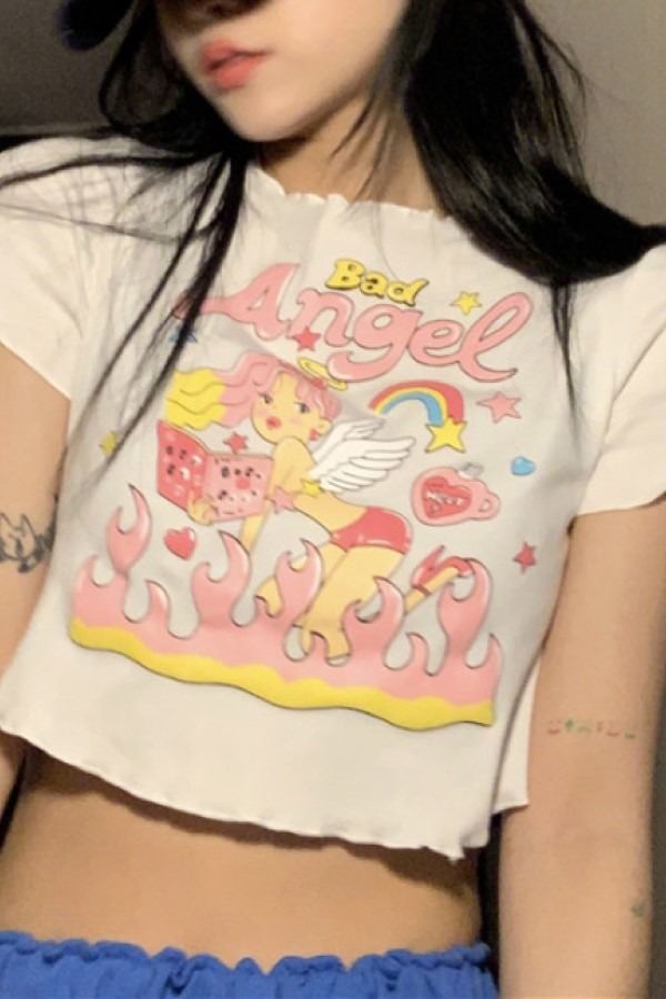핑크 엔절 소녀 반팔 크롭 티셔츠
