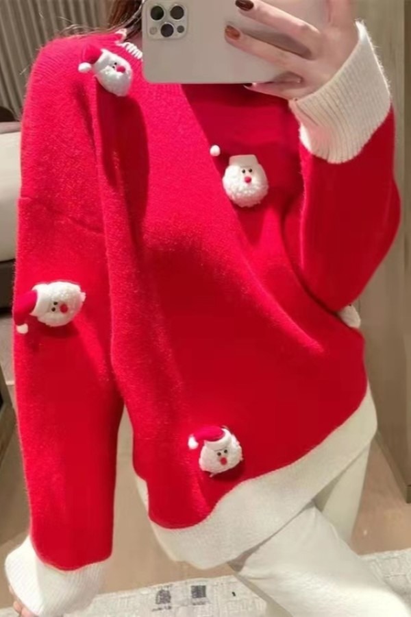 산타 클로스 인형 스티치 라운드넥 긴소매 롱슬리브 니트 스웨터