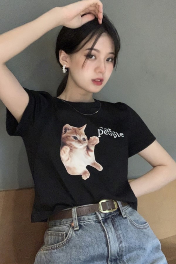 ♥당일출고♥ 제리 고양이 라운드넥 반팔 슬리밍 티셔츠