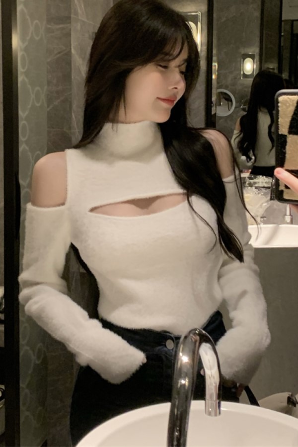 레나 섹시 오프숄더 목폴라 긴소매 롱슬리브 페이크퍼 니트 스웨터