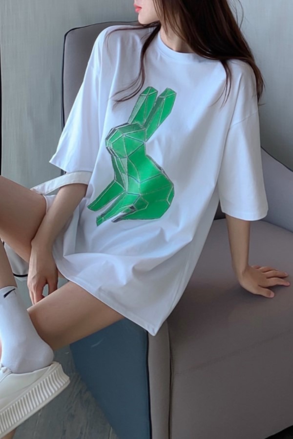 핫 드릴 토끼 라운드넥 반팔 루즈핏 티셔츠
