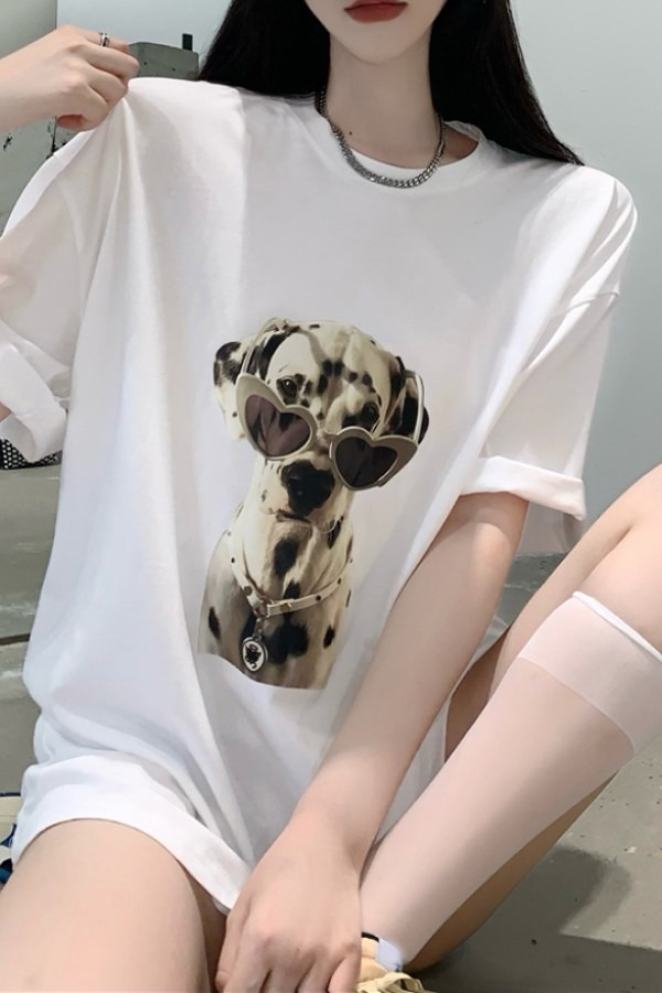강아지 프린팅 라운드넥 반팔 루즈핏 티셔츠