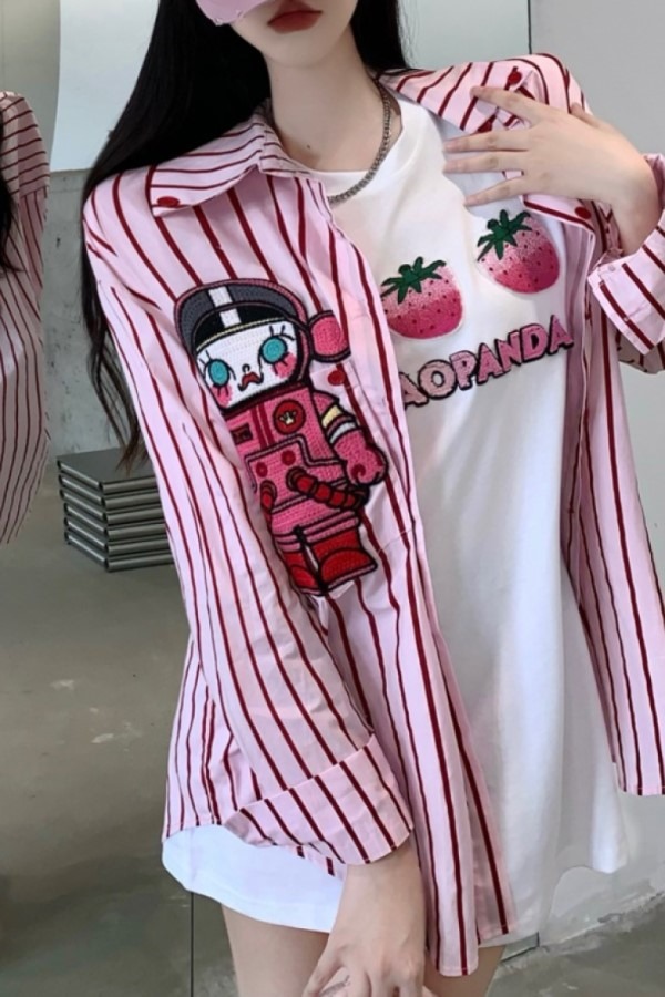 set 딸기 라운드넥 반팔 티셔츠 단가라 로봇 긴소매 셔츠 투피스 세트