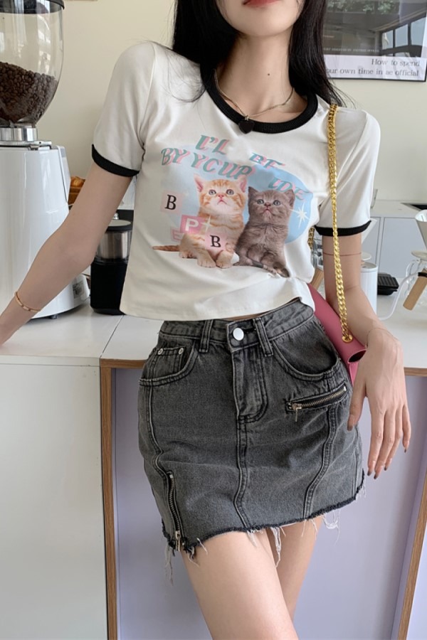 고양이 두마리 라운드넥 반팔 티셔츠