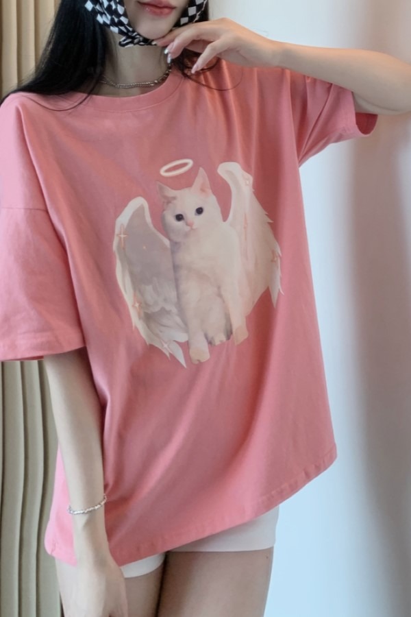 천사 고양이 라운드넥 반팔 루즈핏 티셔츠