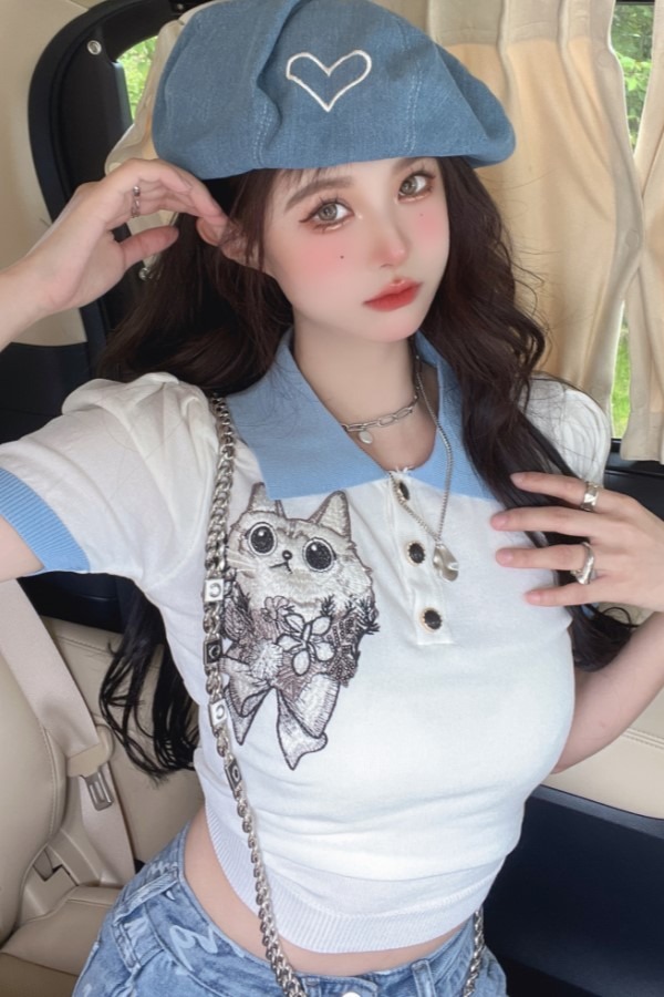 이안 폴로 카라넥 반팔 고양이 슬리밍 티셔츠
