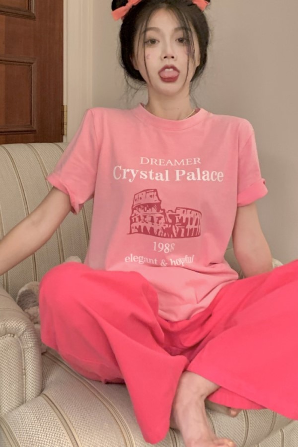 에나 핑크 소녀 라운드넥 반팔 티셔츠
