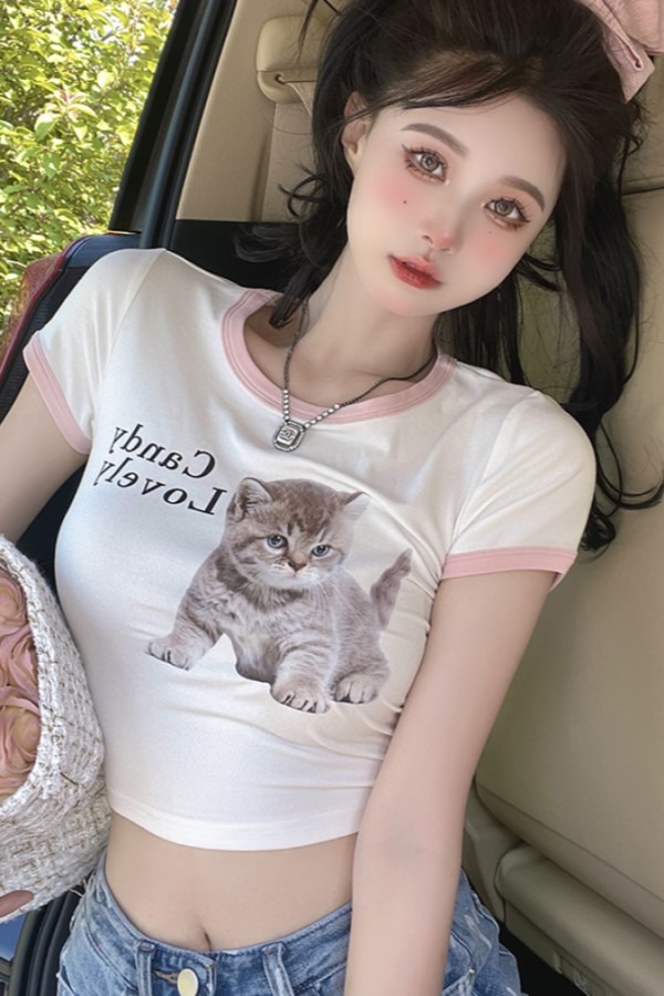 ♥당일출고♥ 통통 고양이 라운드넥 반팔 크롭 티셔츠