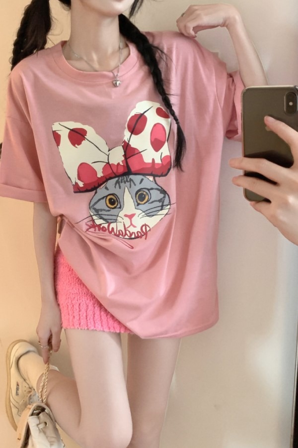 ♥당일출고♥ 핑크 고양이 라운드넥 반팔 오버핏 티셔츠