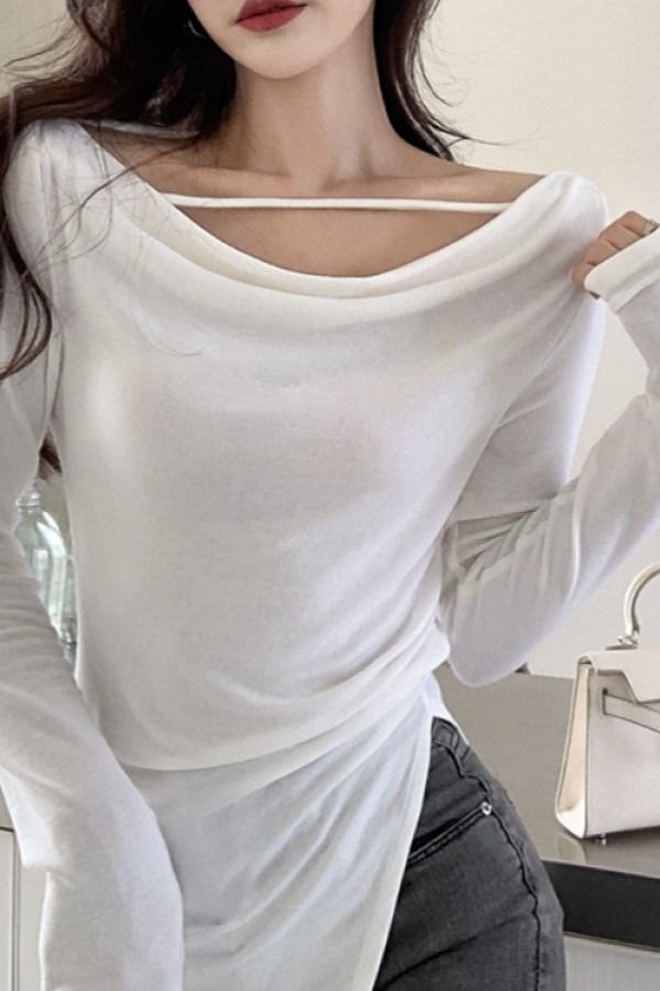 예니 섹시 스트랩 보트넥 긴소매 롱슬리브 슬릿 셔링 티셔츠