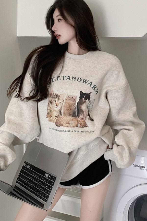 ♥당일출고♥ 딕트 고양이 패밀리 라운드넥 긴소매 롱슬리브 맨투맨 기모 티셔츠