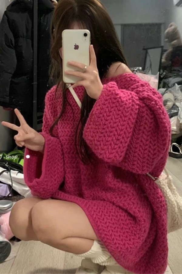 레이 핑크 오프숄더 긴소매 롱슬리브 오버핏 니트 스웨터