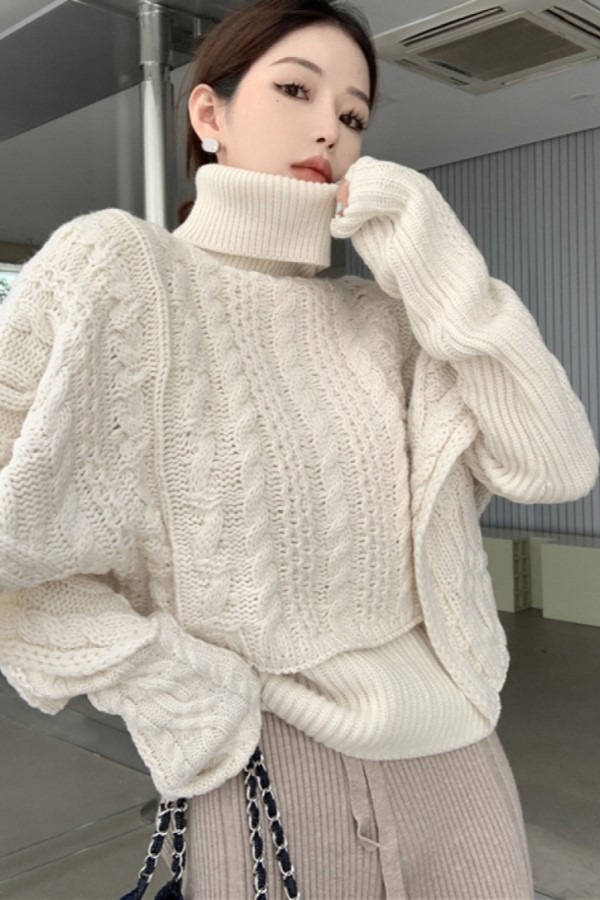 아니 페이크 두조각 꽈배기 목폴라 긴소매 롱슬리브 니트 스웨터