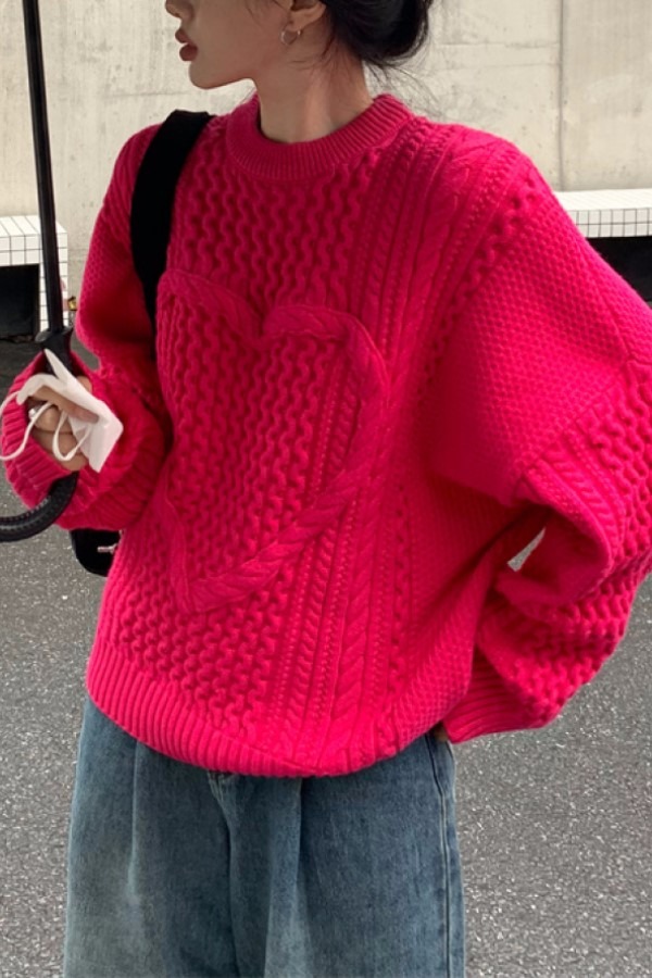 ♥당일출고♥ 꾸미 핫 핑크 꽈배기 하트 라운드넥 긴소매 롱슬리브 니트 스웨터