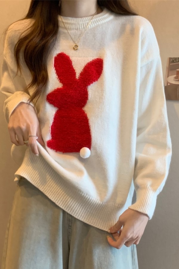 리브 뽀글이 양털 토끼 라운드넥 긴소매 롱슬리브 니트 스웨터
