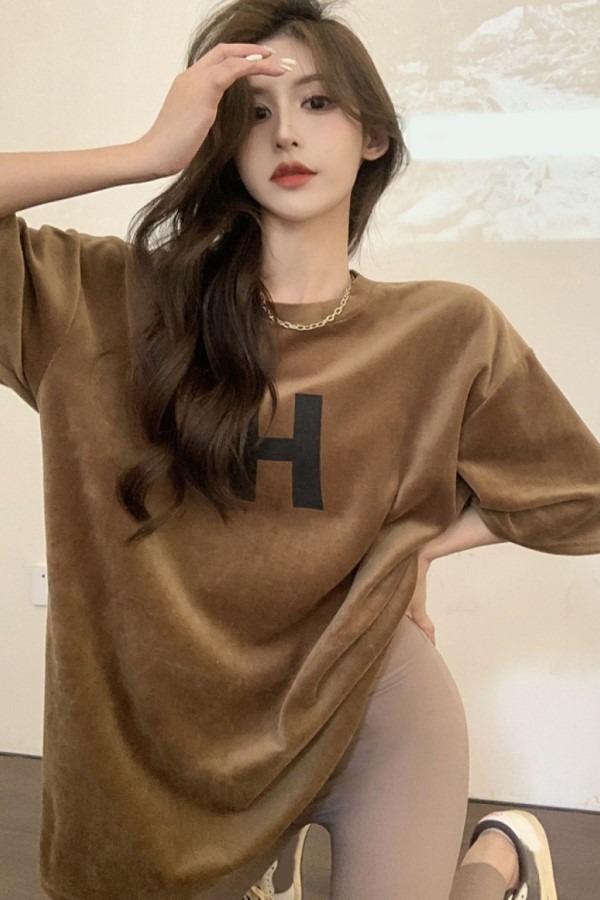 ♥당일출고♥ 로아 H 프린팅 라운드넥 반팔 오버핏 기모 티셔츠