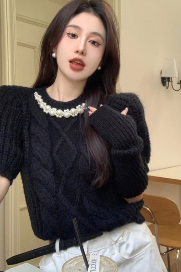 ♥당일출고♥ 리아 진주 장식 라운드넥 반팔 긴소매 워머 꽈배기 니트 스웨터
