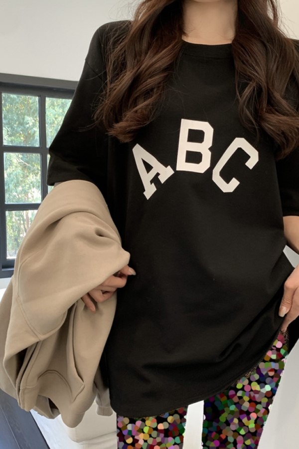 ABC 레터링 라운드넥 반팔 루즈핏 기모 티셔츠