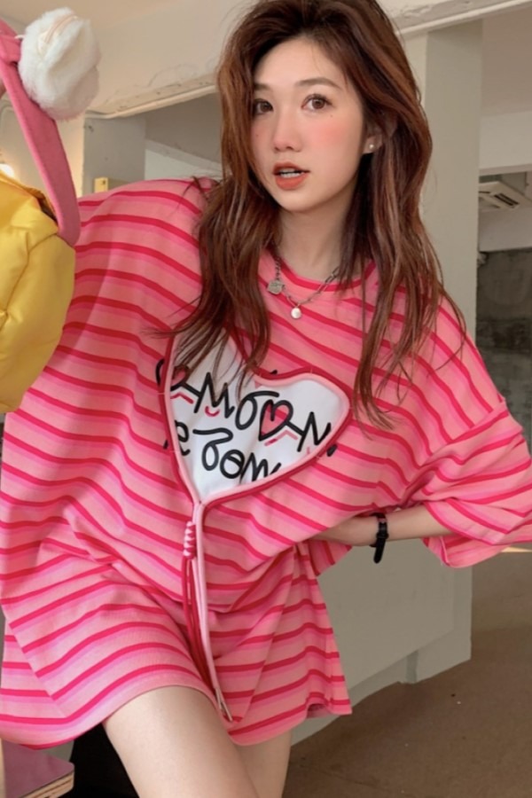 ♥당일출고♥ 로키 핑크 하트 스트랩 단가라 라운드넥 반팔 오버핏 티셔츠