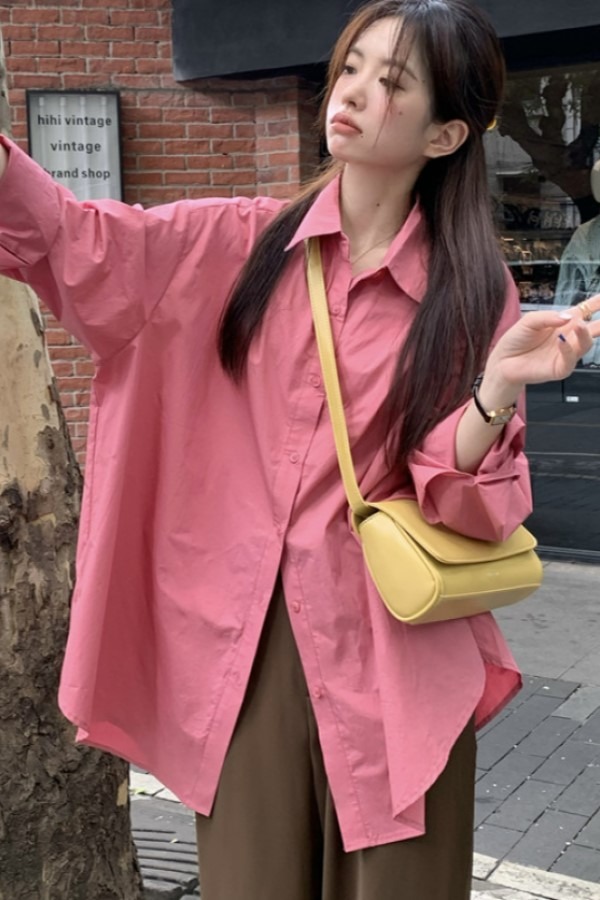 비엔 핑크 데일리 긴소매 롱슬리브 루즈핏 셔츠