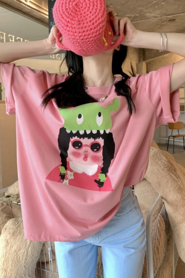 핑크 겸둥이 라운드넥 반팔 루즈핏 티셔츠