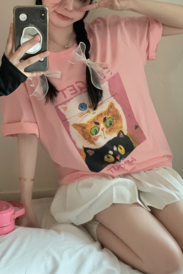 ♥당일출고♥ 핑크 고양이 프랜즈 라운드넥 반팔 루즈핏 티셔츠