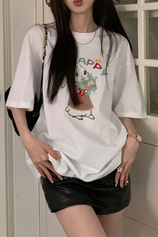 안나 꽃다발 래빗 라운드넥 반팔 루즈핏 티셔츠